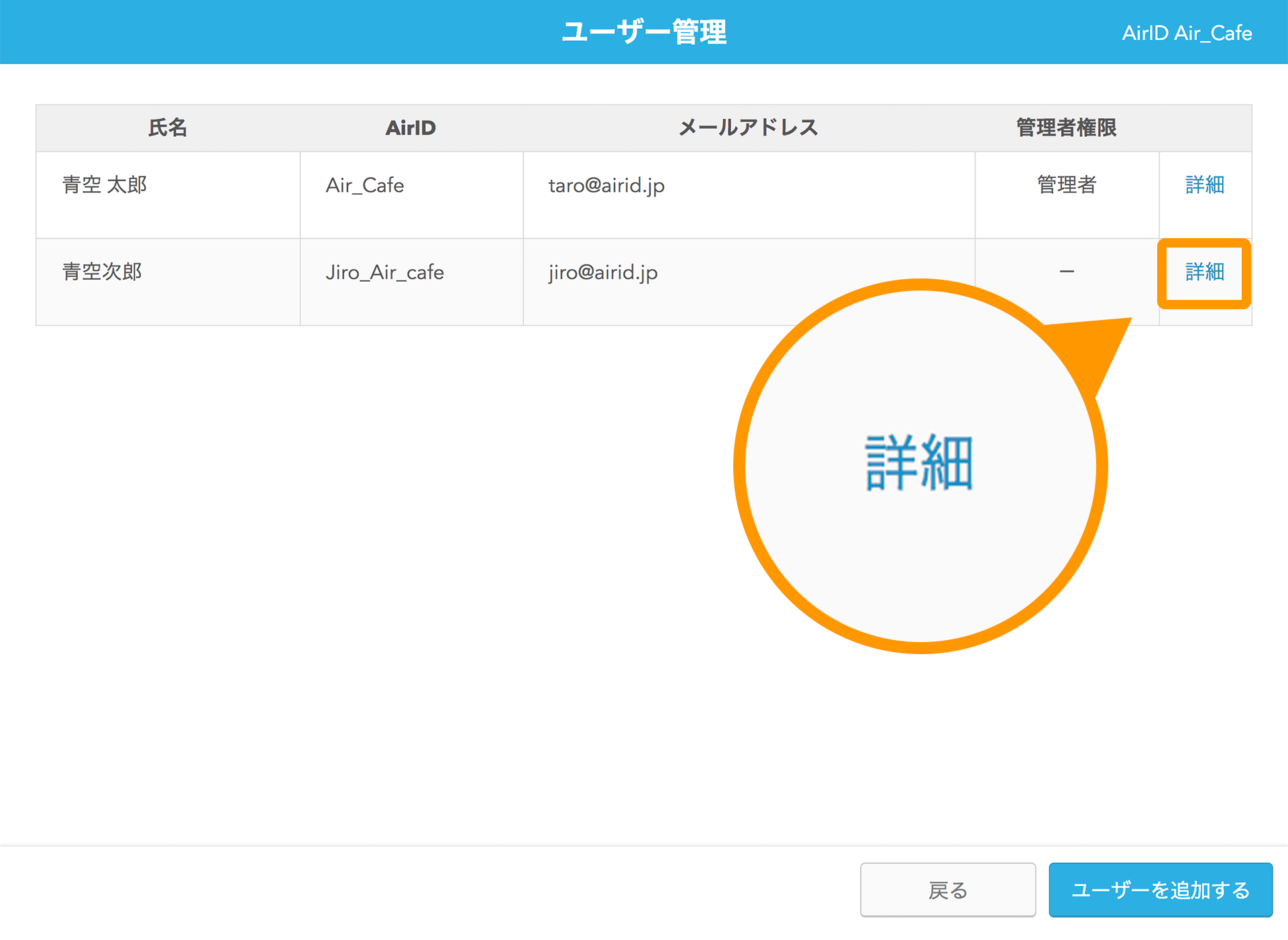 AirID ユーザー管理画面 詳細